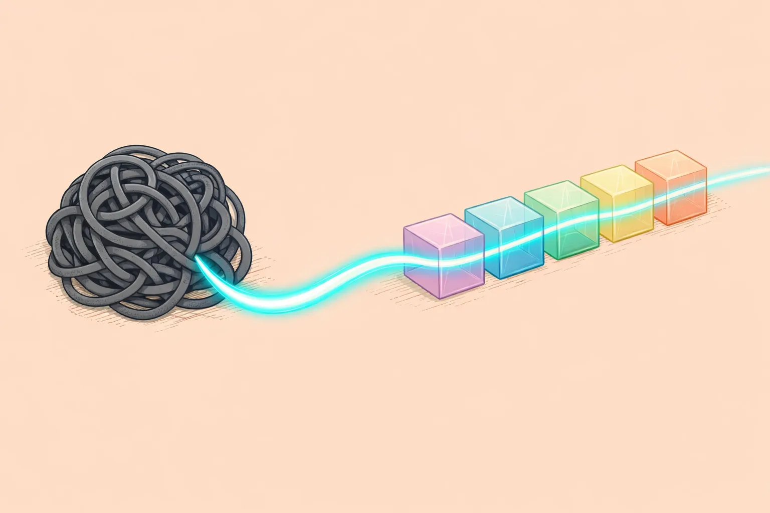 Minimalist illustration showing complex legacy code transforming into a streamlined AI-native development pipeline.