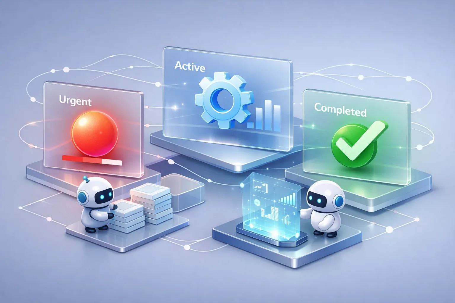 AI agents managing a software project command center with urgent, active, and completed status indicators.