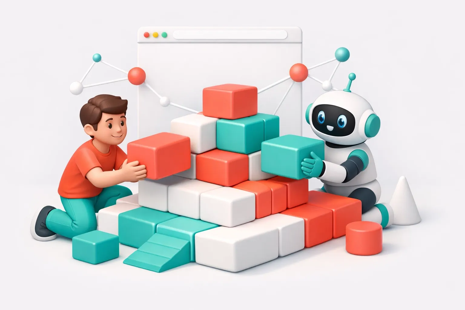 3D claymorphism human and robot with expressive faces building a solid foundation/launchpad from geometric blocks (coral/teal on light neutral background).