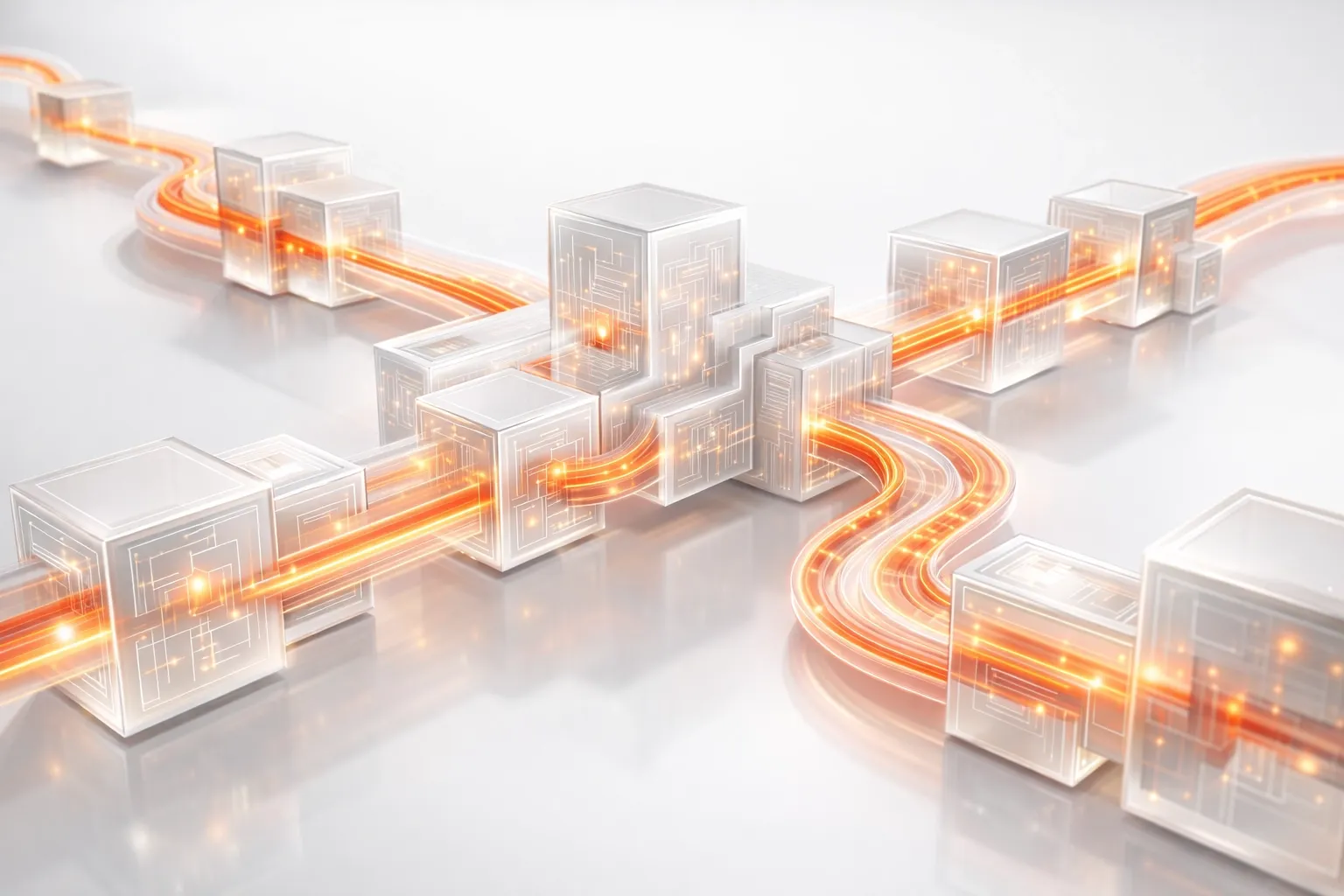 Futuristic digital structures upgrading a city landscape, representing AI-native custom software development workflows.