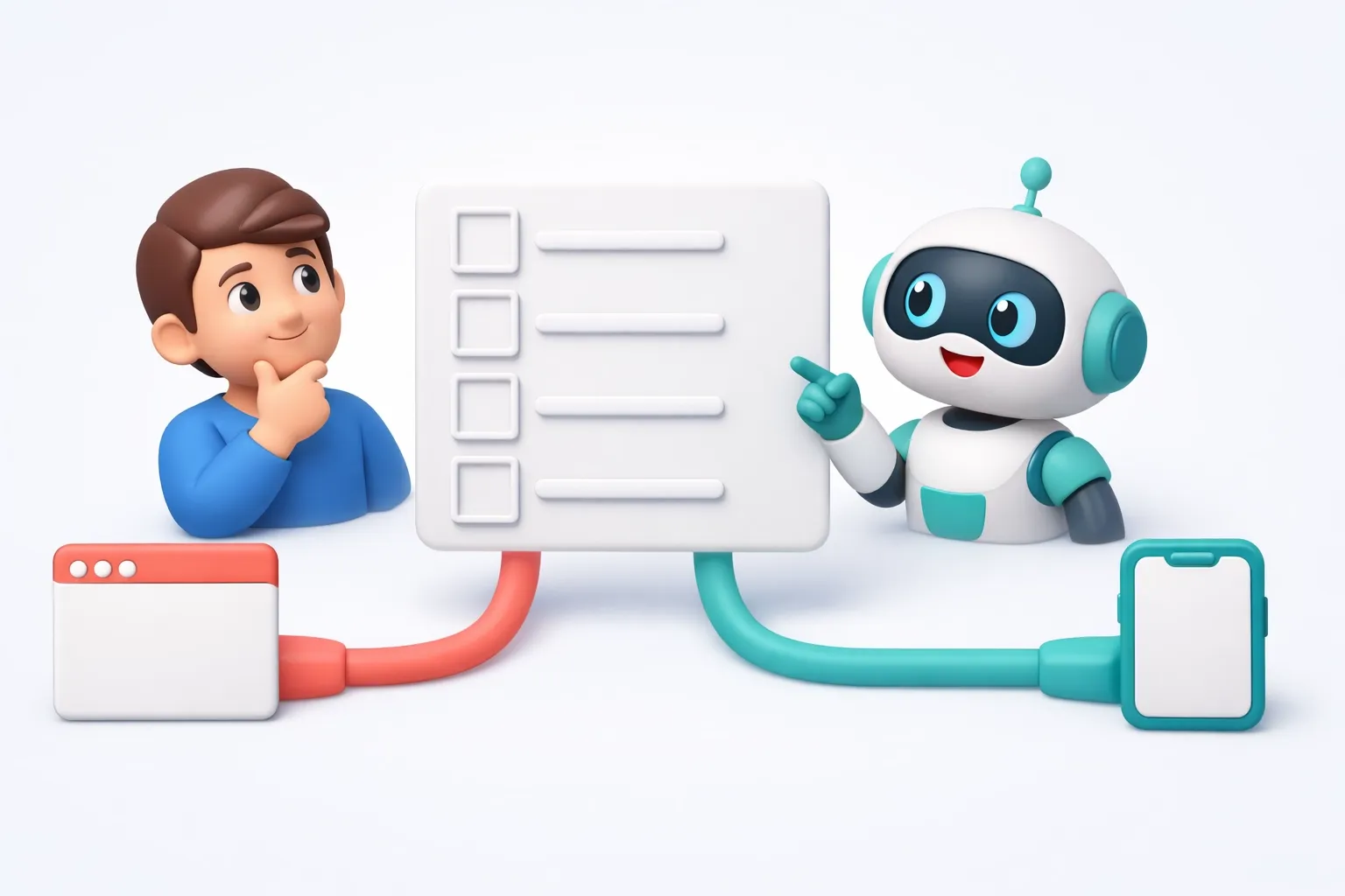 3D claymorphism human and robot with expressive faces interacting with a floating checklist board that branches into abstract browser and smartphone paths (coral/teal on light neutral background).