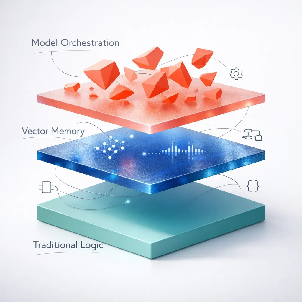 Deep engineering architecture layers showing model orchestration and vector memory for scaling AI-native applications.