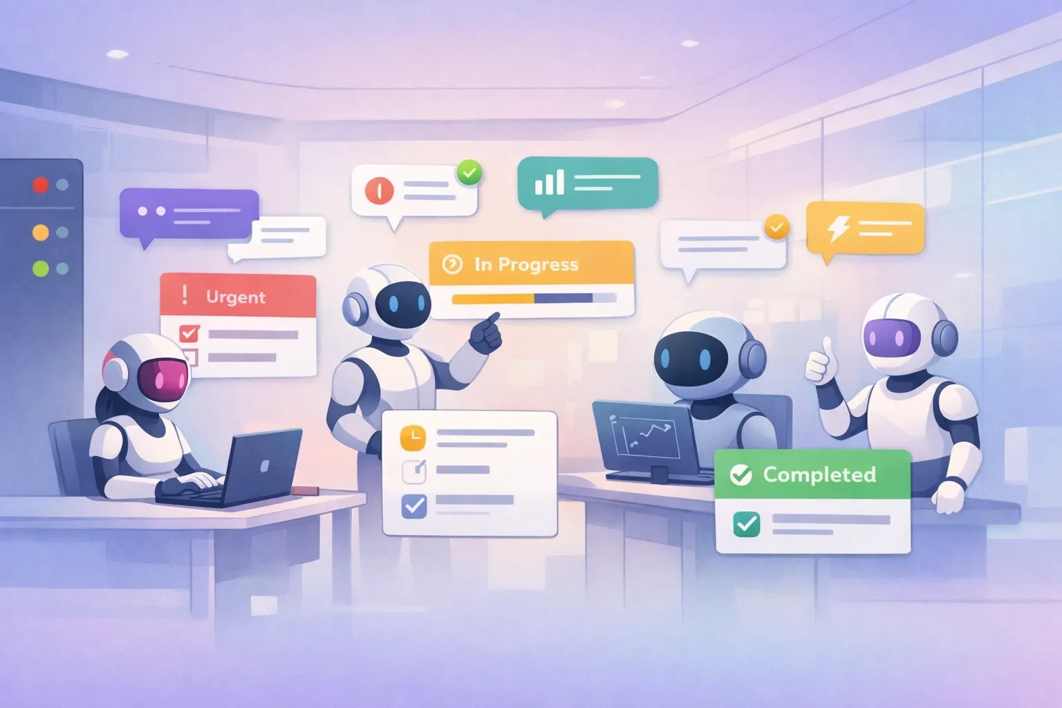 Illustration of multiple AI agents collaborating inside a sleek Discord-style interface in a modern software studio (no logos).