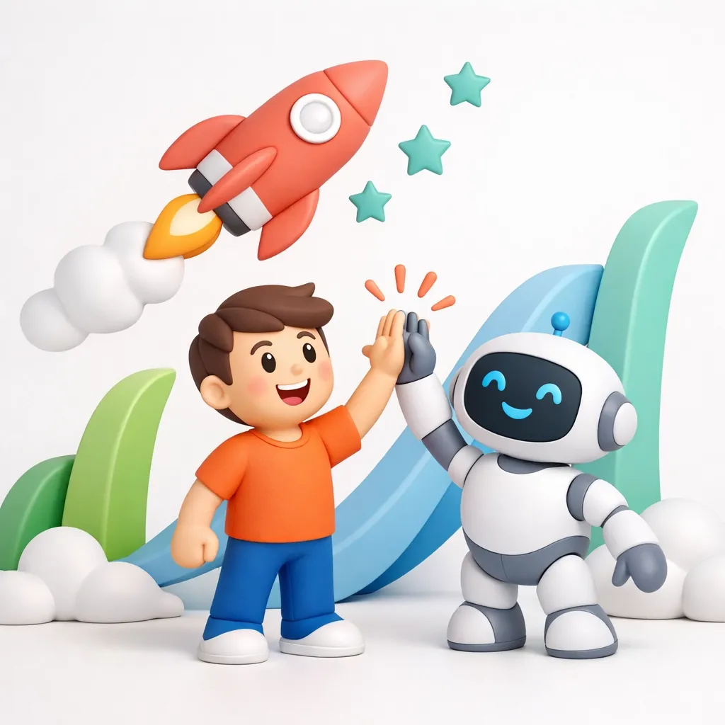 Human and AI robot celebrating a successful product launch with a rising rocket and growth metrics.