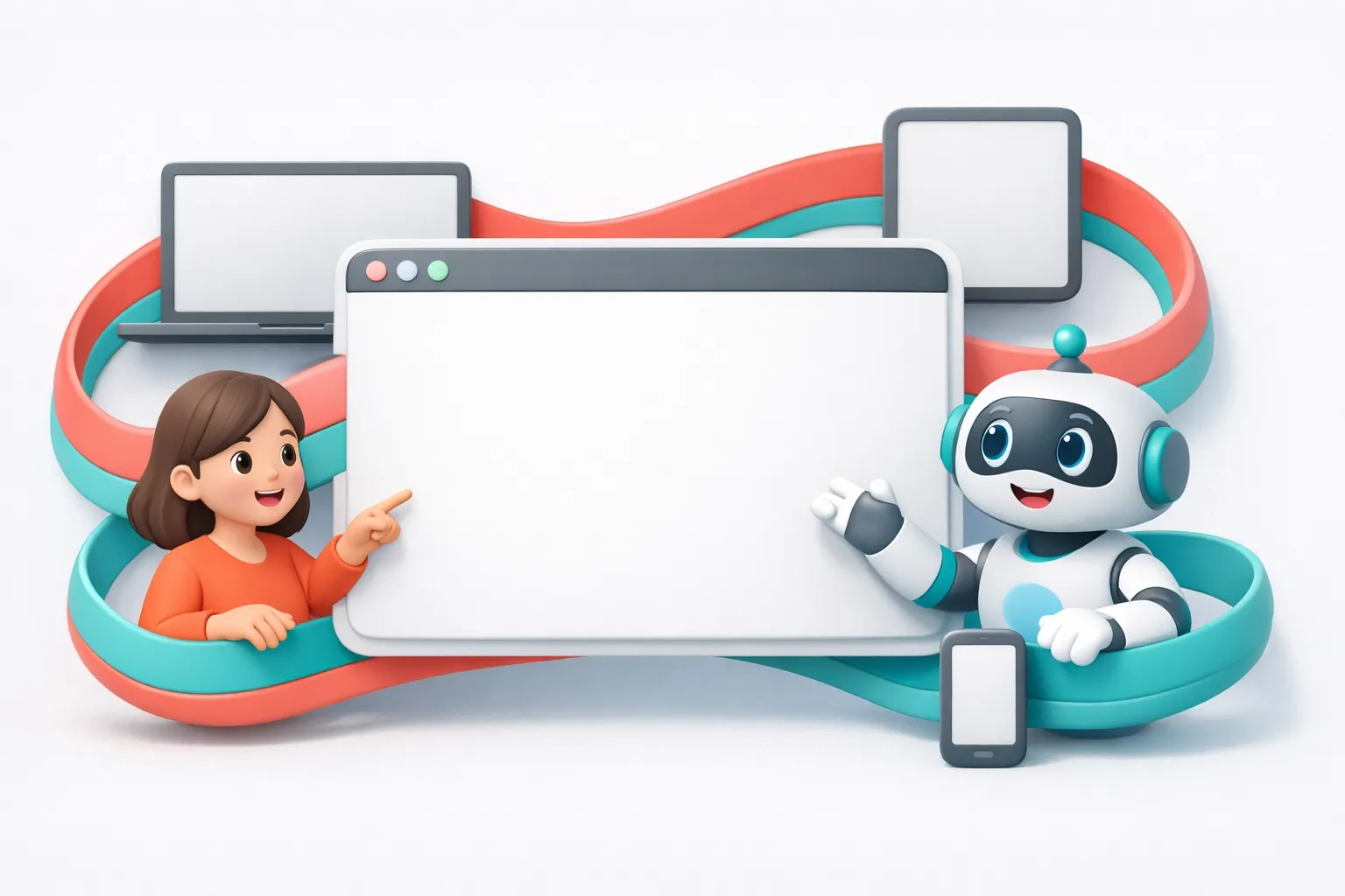 3D claymorphism human and robot with expressive faces looking at an abstract browser window morphing to fit laptop, tablet, and phone outlines (coral/teal on light neutral background).