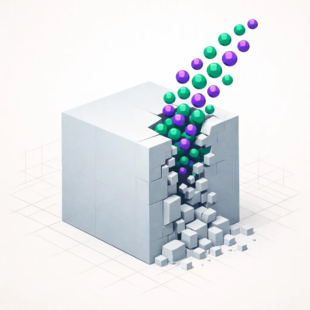 Illustration of legacy system modernization showing a monolith transforming into scalable microservices.
