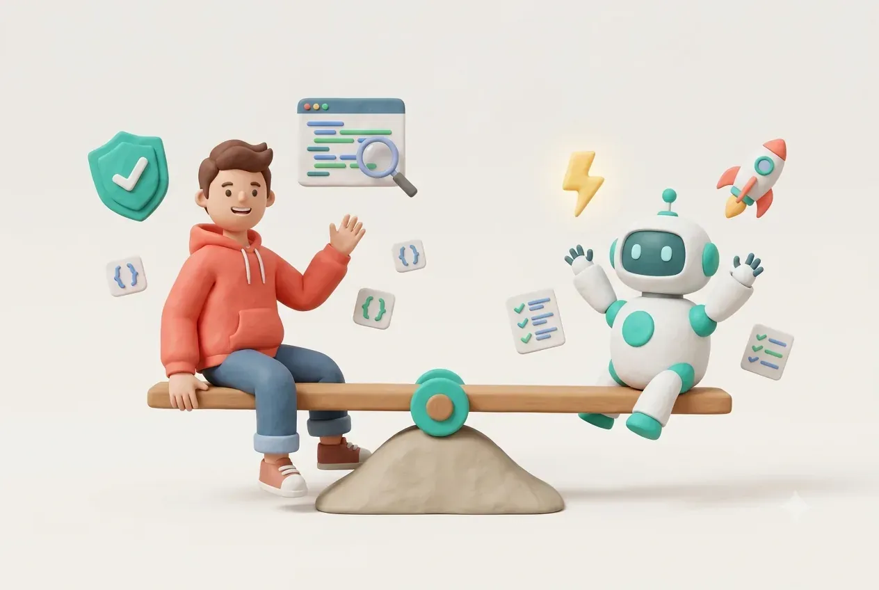A human engineer and a friendly robot balancing speed and quality on a seesaw, illustrating how AI changes software development cost