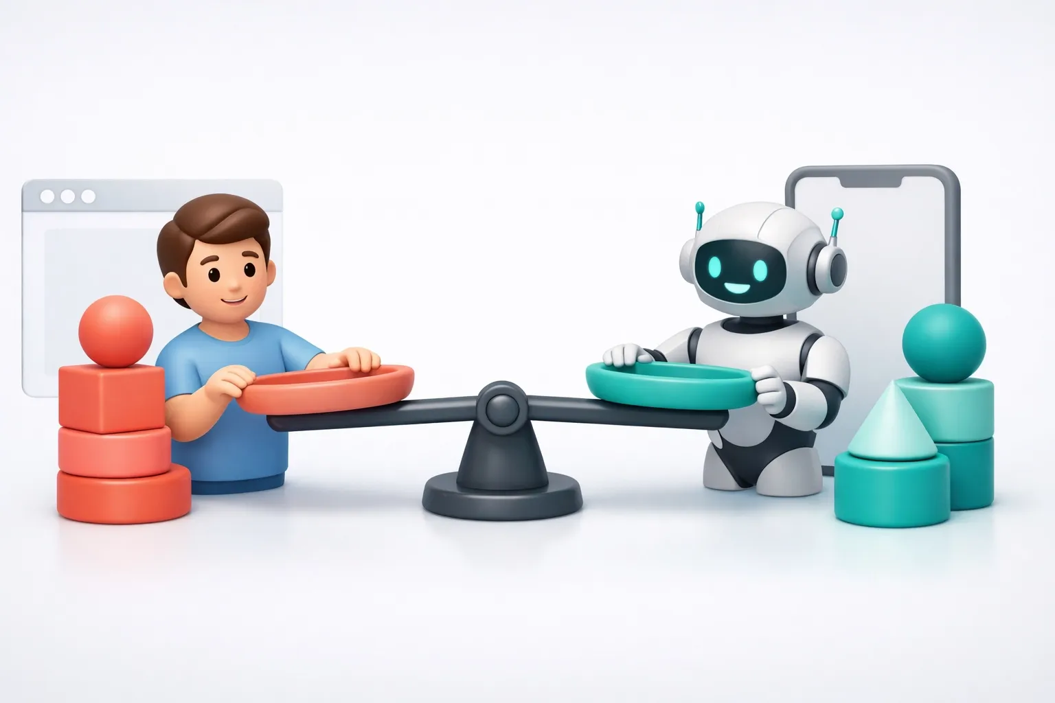 3D claymorphism human and robot with expressive faces weighing costs using a balance beam with geometric stacks and abstract browser vs smartphone shapes (coral/teal on light neutral background).
