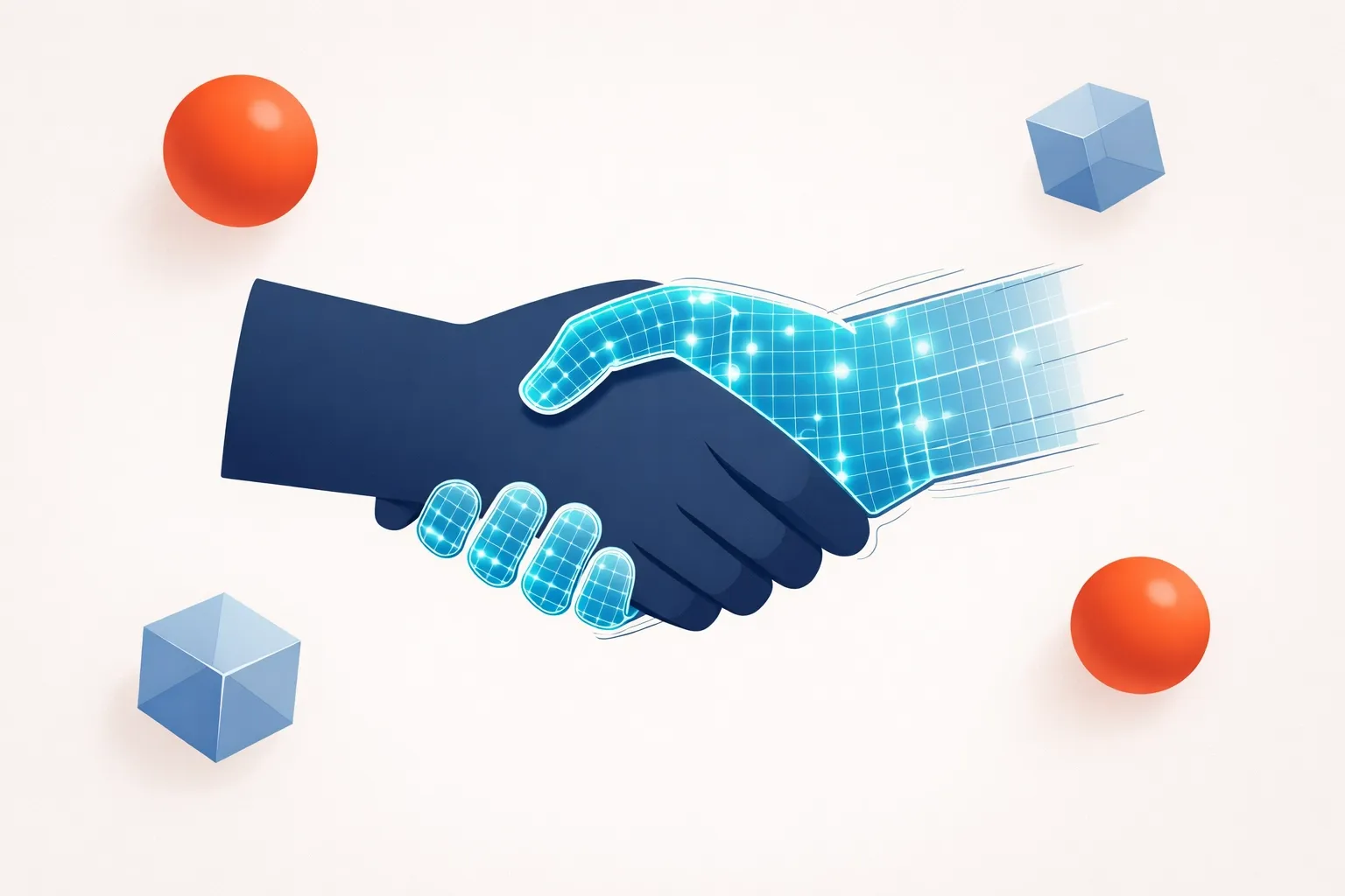Handshake between a human and digital hand representing a partnership with a white-label engineering studio.