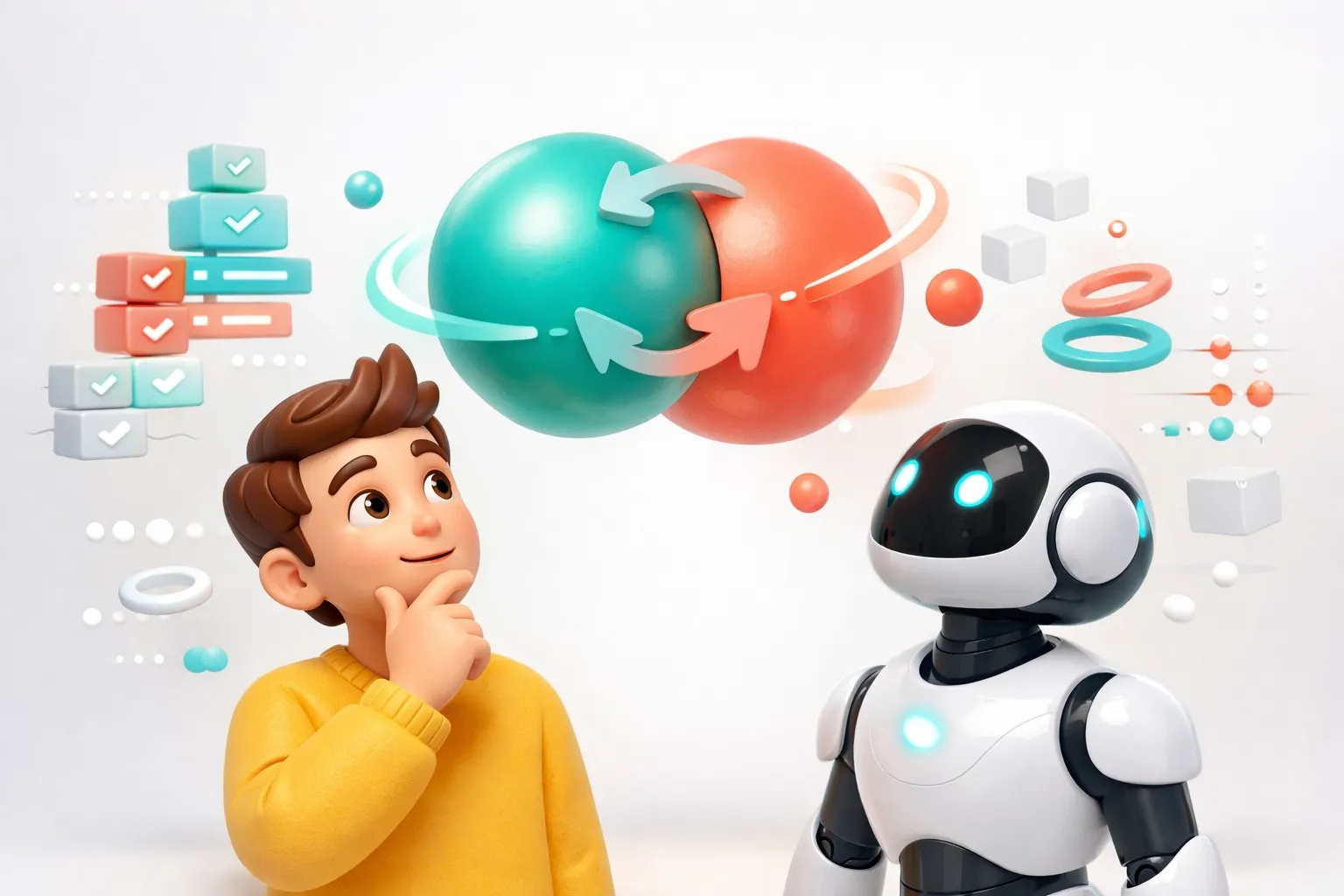 Human and AI robot characters analyzing user feedback spheres for startup idea validation.