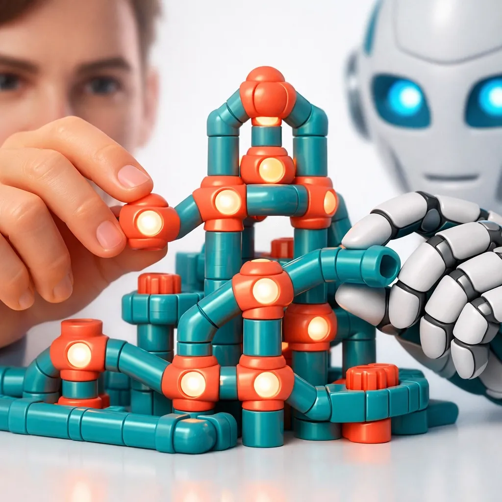 Human and AI robot hands building a technical architecture structure representing engineering craft.