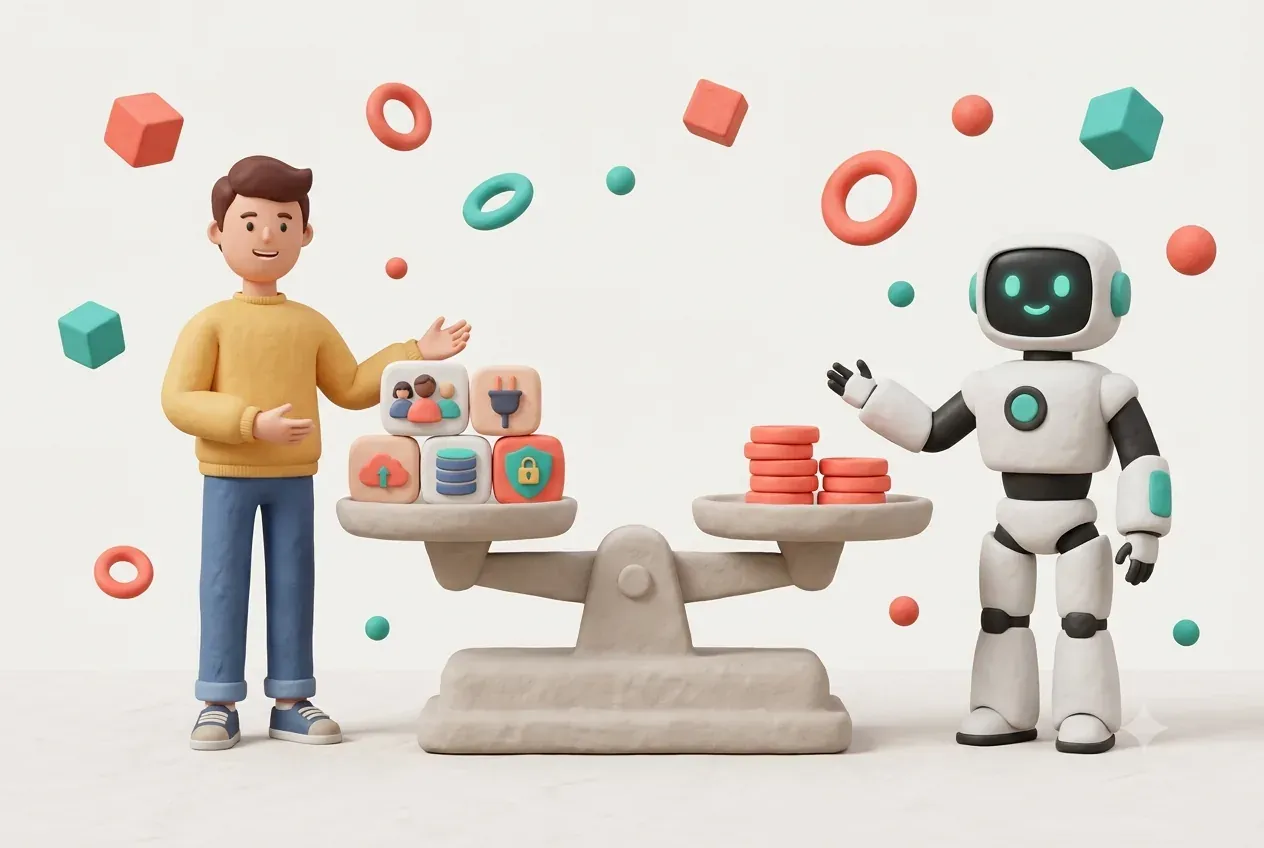Human and robot characters weighing feature blocks for user roles, integrations, data and security against a stack of coins on a balance scale, illustrating the factors that drive web application development cost